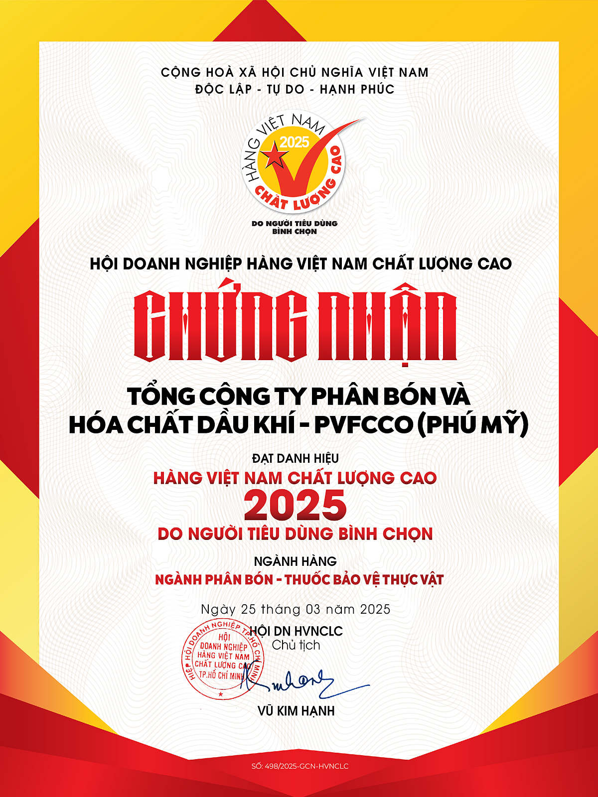Phú Mỹ đạt danh hiệu hàng Việt Nam chất lương cao năm 2025.