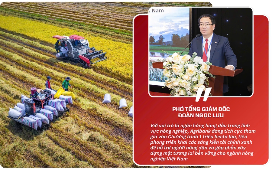 Phó Tổng Giám đốc Agribank Đoàn Ngọc Lưu cho biết Agribank đang tham gia vào Chương trình 1 triệu hecta lúa, tiên phong triển khai các sáng kiến tài chính xanh.
