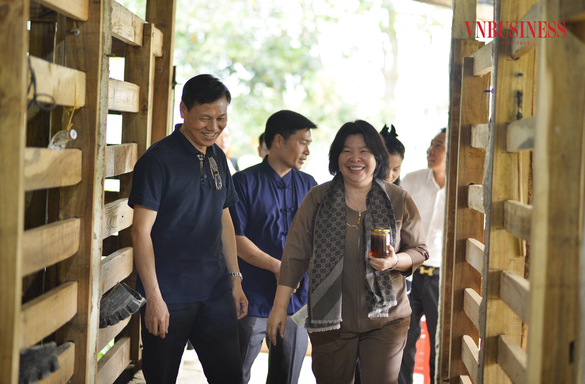 Chủ tịch Liên minh HTX Việt Nam Cao Xuân Thu Vân và Chủ tịch Liên minh HTX tỉnh Quảng Ninh Ngô Tất Thắng thăm trang trại của HTX Nghiệp Đoàn.