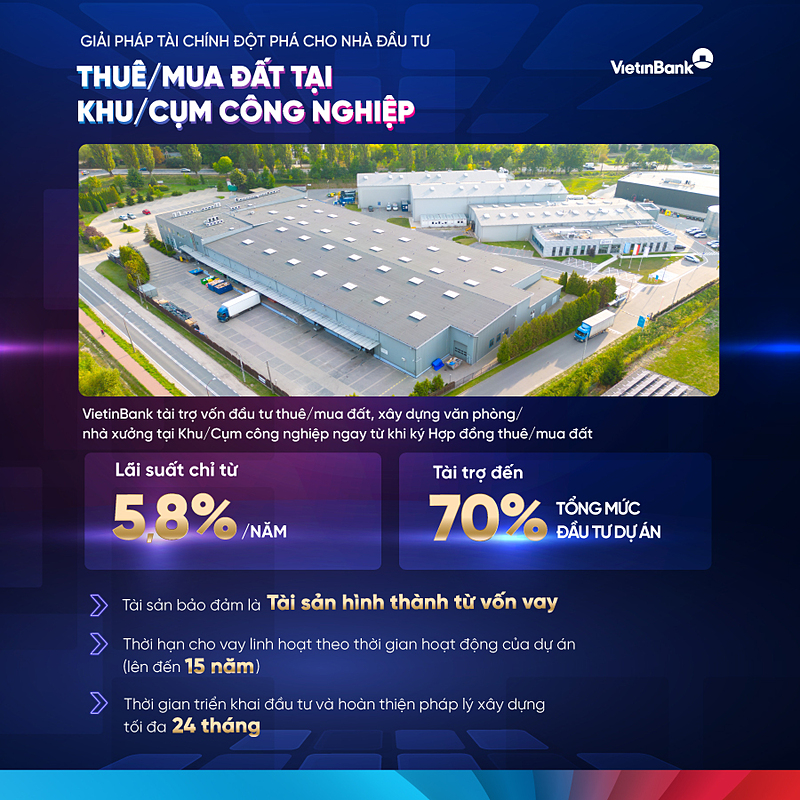 Vietinbak tài trợ vốn đầu tư với lãi suất chỉ từ 5,8%/năm.
