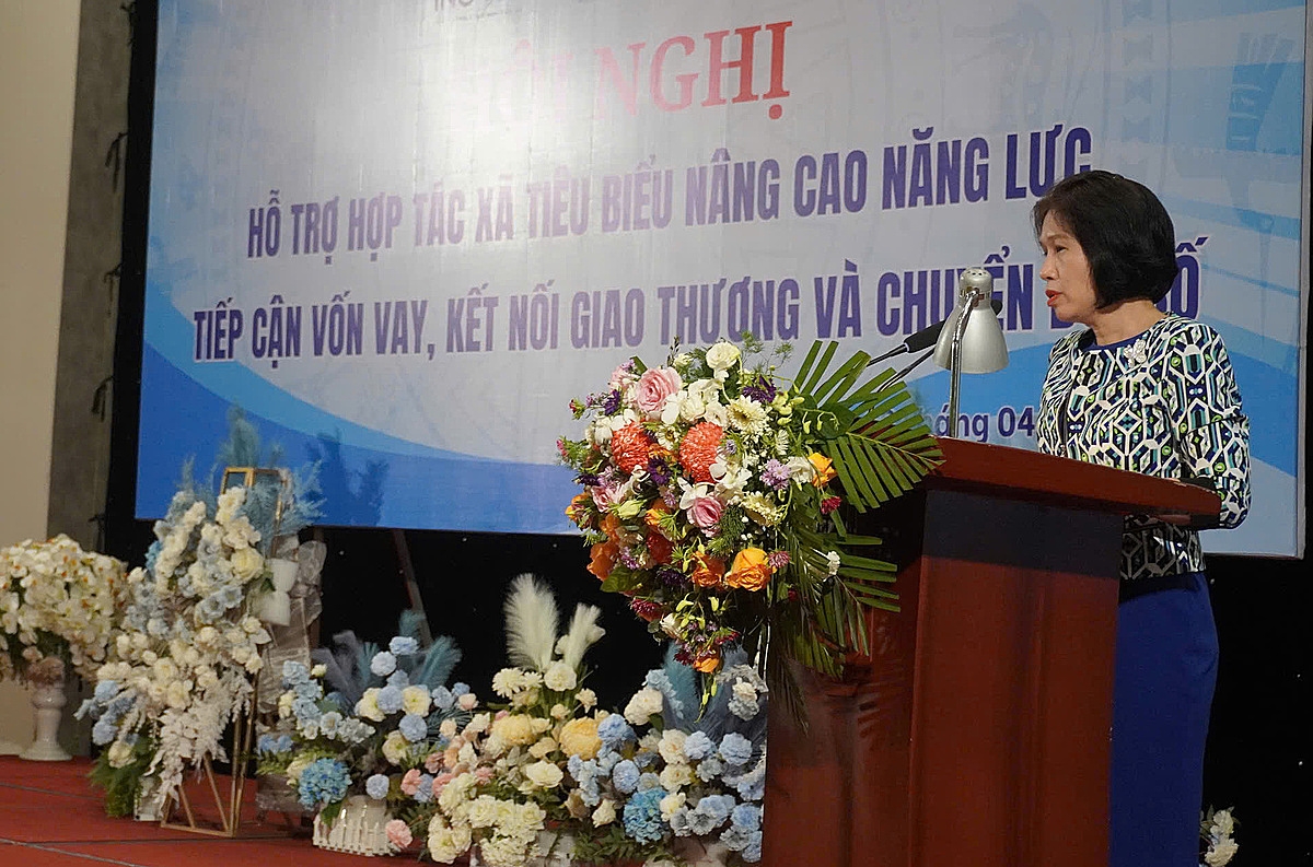 Phó Chủ tịch Liên minh HTX Việt Nam Nguyễn Thị Hoài Linh phát biểu tại hội nghị.