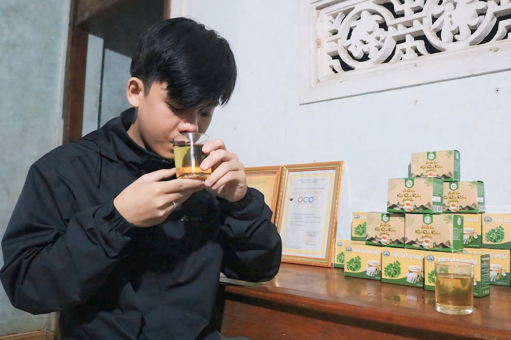 Sản phẩm trà túi lọc khổ qua rừng hương quế của HTX ở Trà Đông ngày càng được người tiêu dùng biết đến.