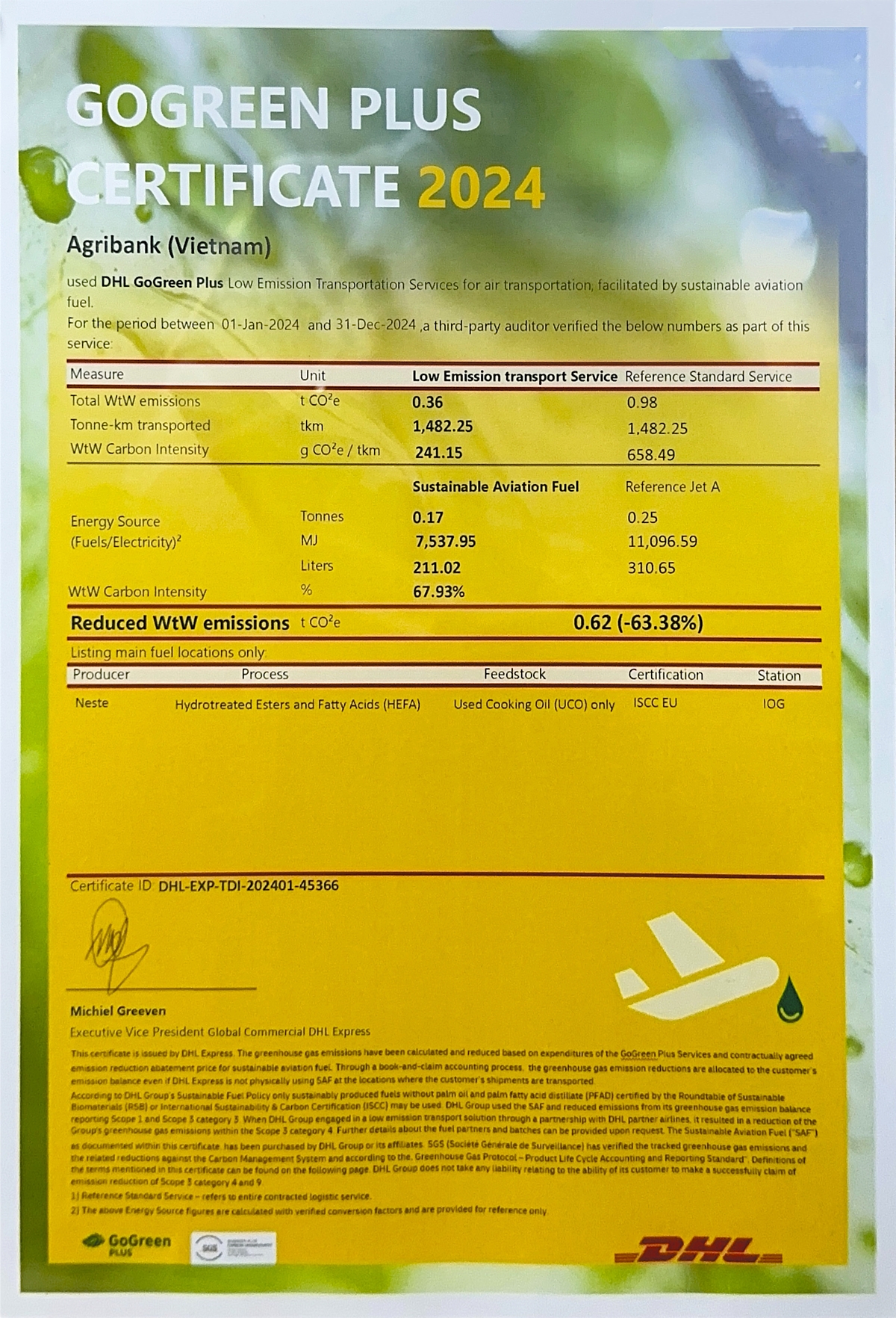 Chứng nhận GoGreen Plus Certificate 2024 được trao cho Agribank.
