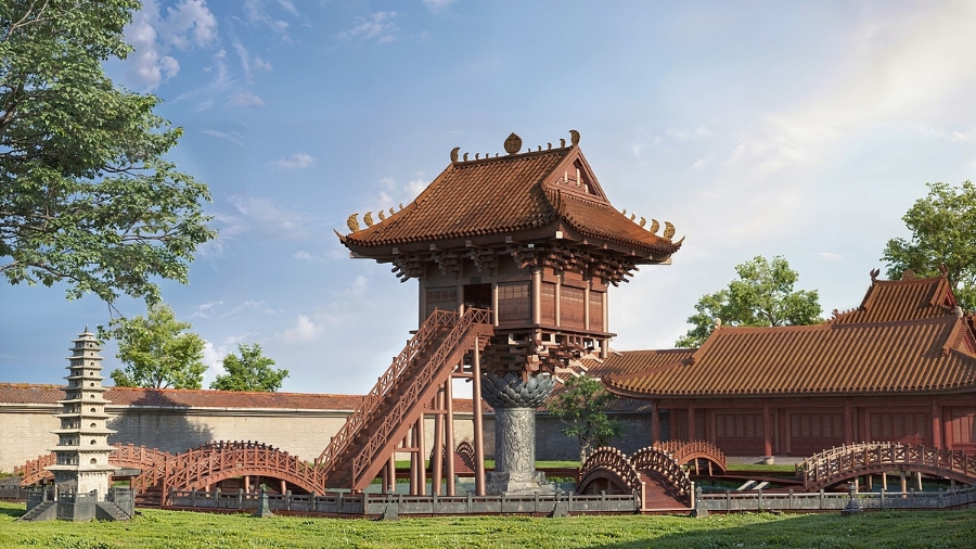 Các công trình kiến trúc thời Lý được phỏng dựng tỉ mỉ.