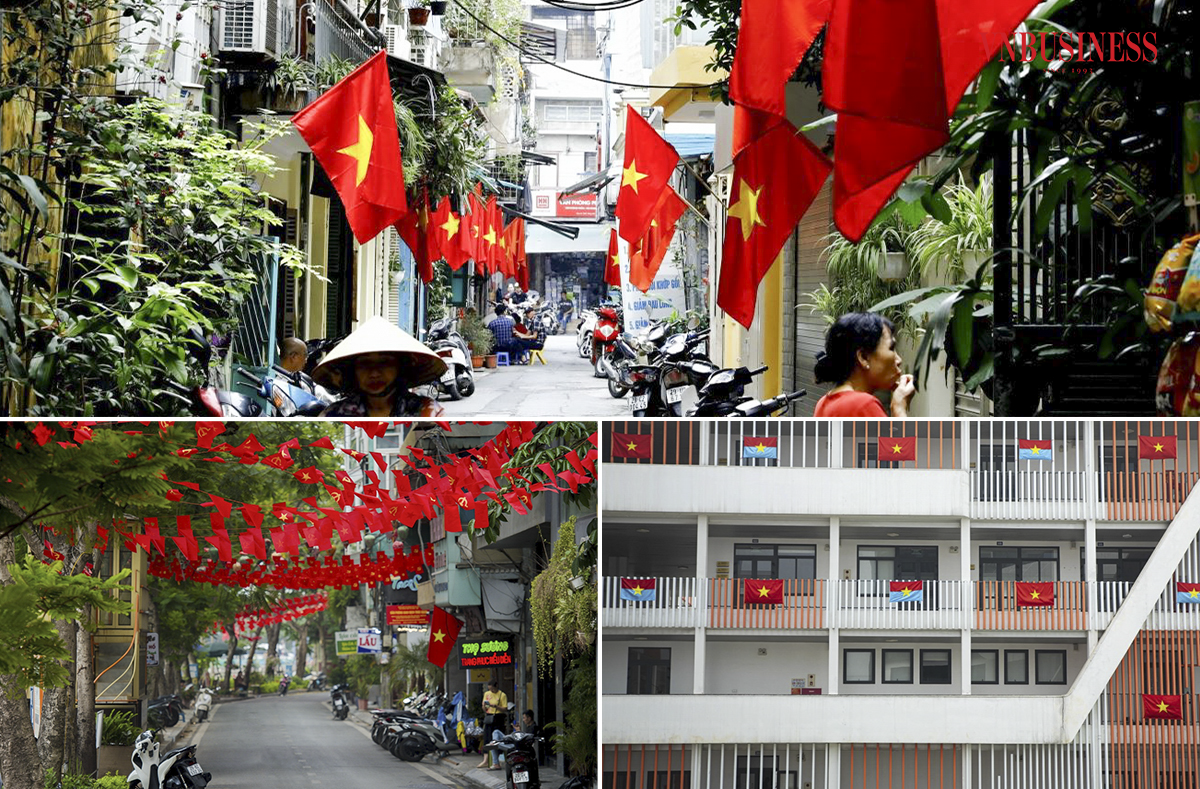 Nhiều tuyến phố và các khu dân cư đã được người dân tự trang hoàng những dải cờ rực rỡ tạo nên khung cảnh đầy ấn tượng.
