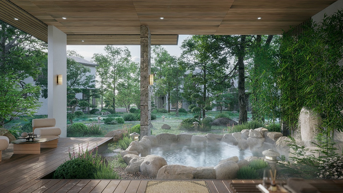 Bể khoáng nóng tại biệt thự onsen đơn lập.