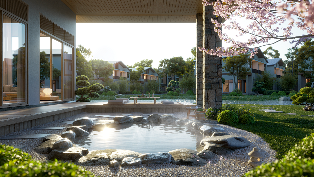 Bể khoáng nóng tại onsen dinh thự.