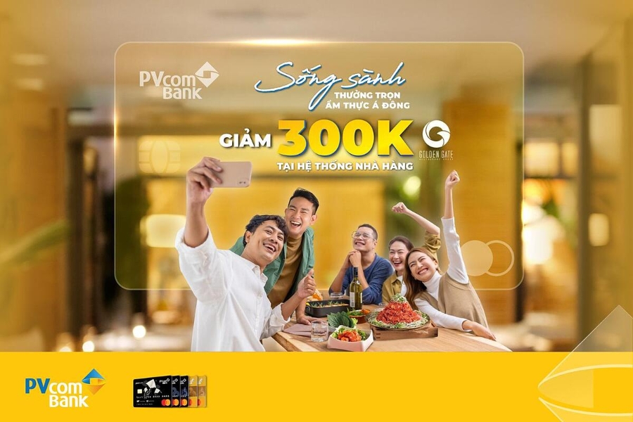 Giảm tới 300.000 đồng cho chủ thẻ quốc tế PVcomBank Mastercard thanh toán tại chuỗi Golden Gate.