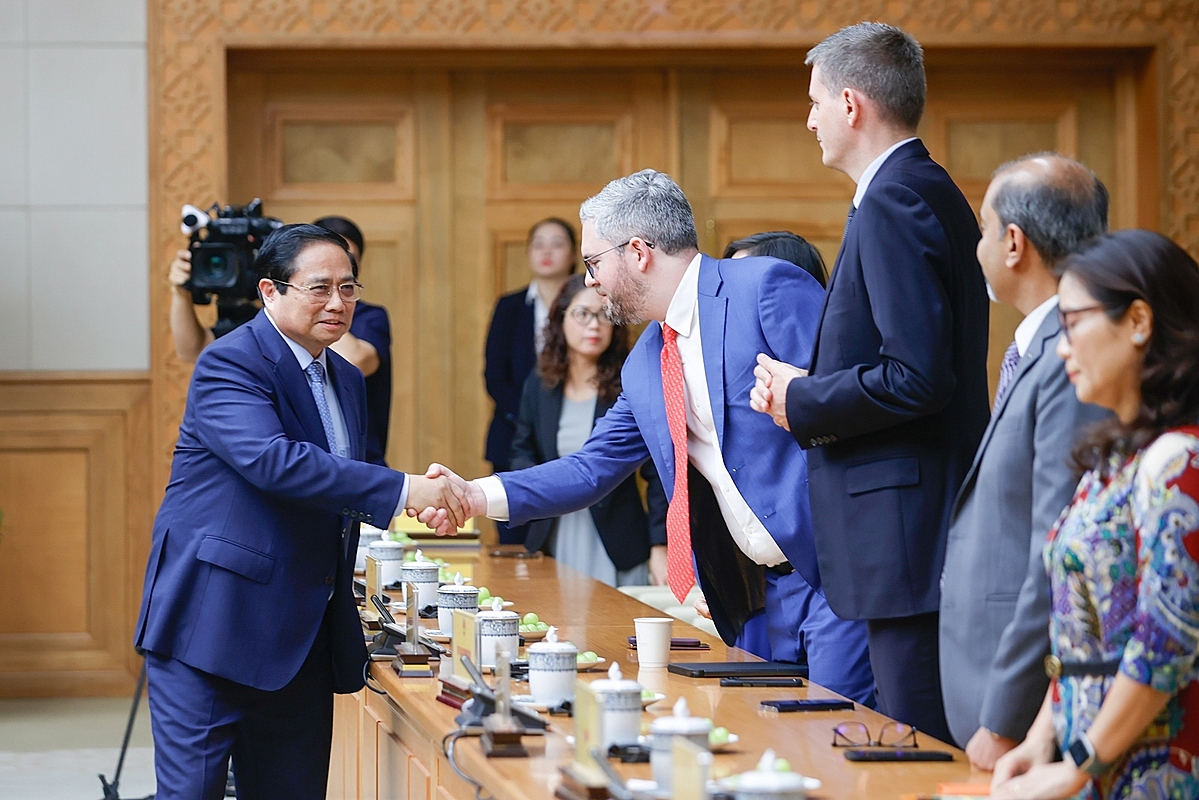 Thủ tướng Chính phủ Phạm Minh Chính làm việc với đại diện cộng đồng doanh nghiệp Hoa Kỳ đang đầu tư, kinh doanh tại Việt Nam - Ảnh: VGP