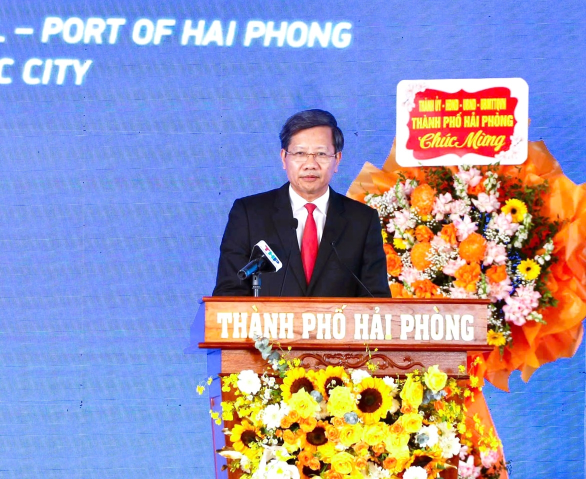 Phó Chủ tịch Thường trực Lê Anh Quân phát biểu tại lễ khánh thành bến cảng container quốc tế số 3 và 4 Lạch Huyện.