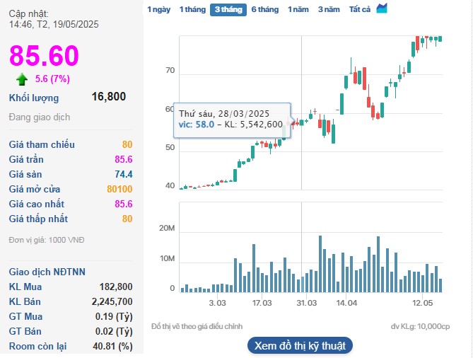Cổ phiếu VIC tăng trần lên mức 85.600 đồng/cp.