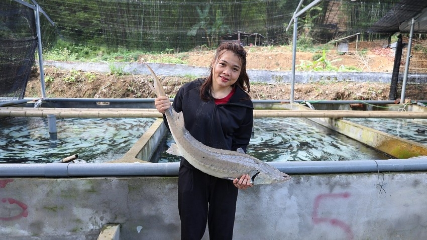 Cô gái trẻ người Mường - Lương Thị Lực huyện Quan Sơn &lpar;Thanh Hóa&rpar; bên hồ nuôi cá tầm của gia đình.