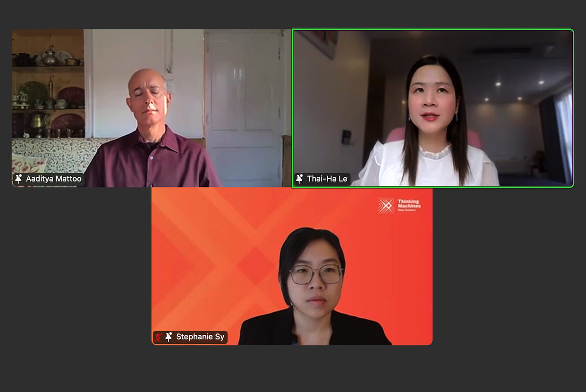 Bà Lê Thái Hà thảo luận cùng bà Stephanie Sy, Nhà sáng lập và CEO Thinking Machines &lpar;Philippines&rpar; và ông Aaditya Mattoo, chuyên gia kinh tế trưởng khu vực Đông Á - Thái Bình Dương, WB.