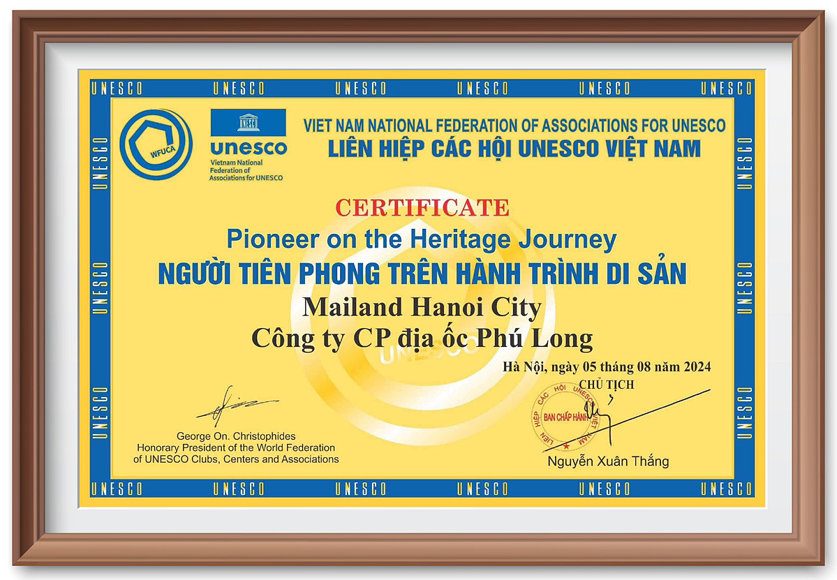 Mailand Hanoi City vinh dự nhận danh hiệu “Người tiên phong trong hành trình di sản 2024” của Liên hiệp các hội UNESCO Thế giới và Liên hiệp các hội UNESCO Việt Nam.