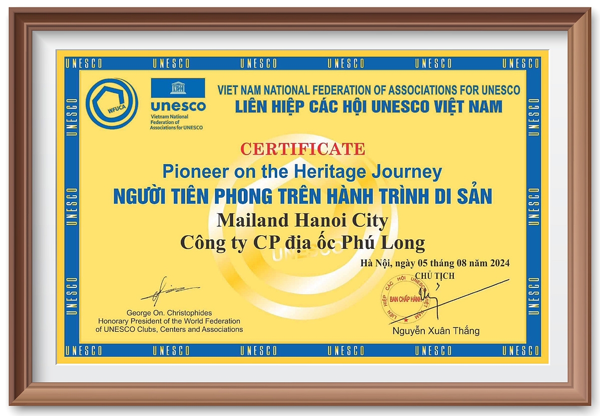 Mailand Hanoi City vinh dự nhận danh hiệu “Người tiên phong trong hành trình di sản 2024” của Liên hiệp các hội UNESCO Thế giới và Liên hiệp các hội UNESCO Việt Nam.
