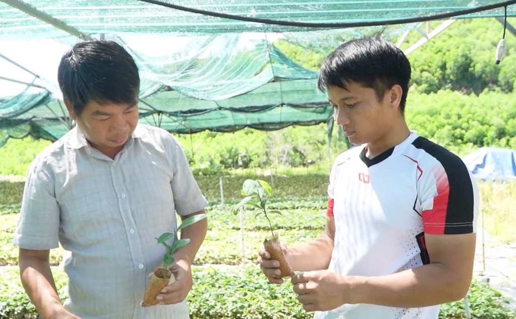 Anh Hồ Văn Beo &lpar;bên phải&rpar; là người đồng bào Giẻ Triêng ở xã Phước Năng đã có những thay đổi trong tư duy sản xuất nông nghiệp nhờ tham gia HTX.