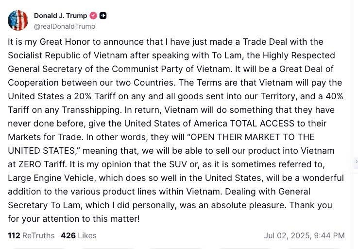 Thông báo của ông Trump trên mạng xã hội.