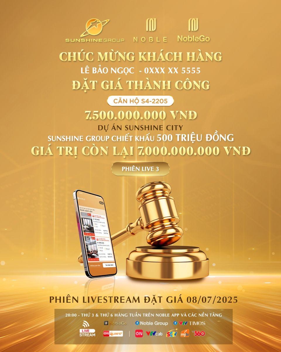 Phiên livestream đặt giá tối 8/7 trên nền tảng công nghệ bất động sản NobleGo tiếp tục gây chú ý khi một khách hàng đã “chốt deal” căn hộ cao cấp Sunshine City &lpar;Hà Nội&rpar; với mức giá cuối cùng là 7 tỷ đồng.