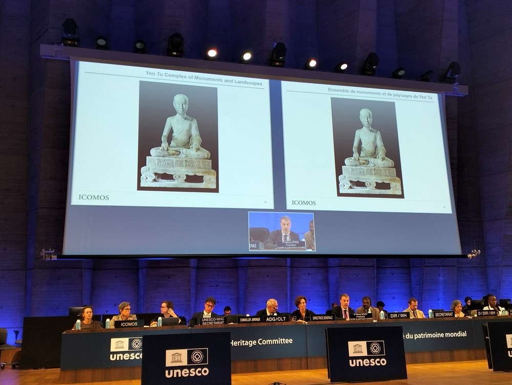 Kỳ họp lần thứ 47 của Ủy ban Di sản Thế giới chính thức công nhận Quần thể di tích và danh thắng Yên Tử - Vĩnh Nghiêm - Côn Sơn, Kiếp Bạc là Di sản Văn hóa Thế giới. Ảnh: Đoàn CC