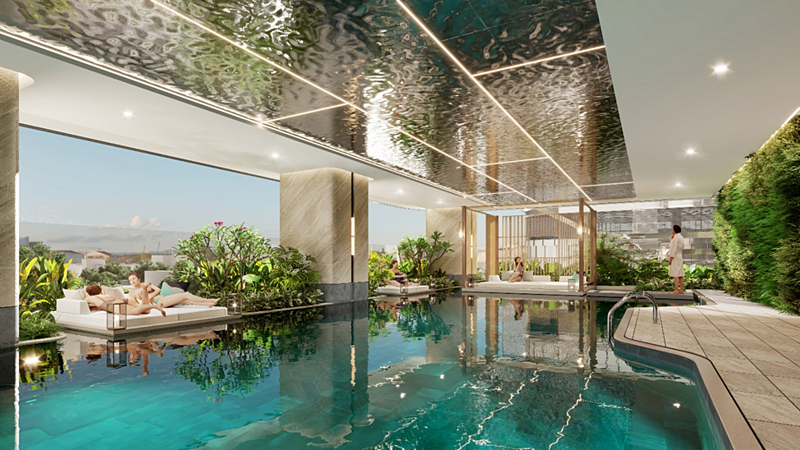 Bể bơi vô cực có khu nước nóng, hồ cạn, chòi nghỉ và các điểm check-in ấn tượng.