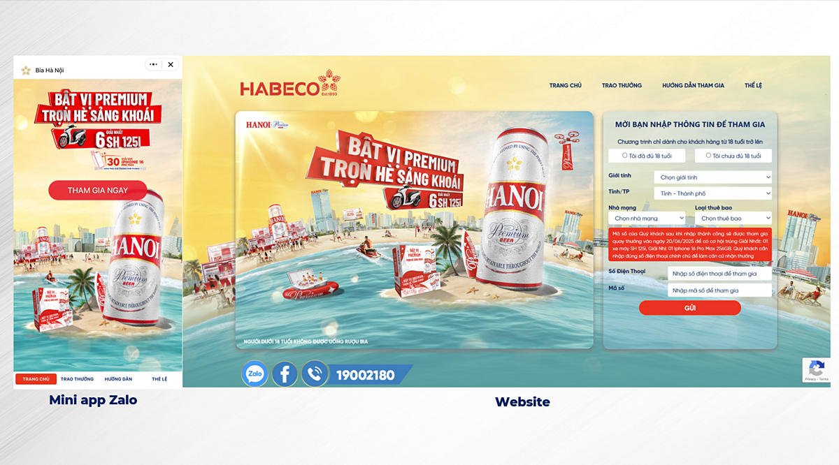 Cách thức tham gia & đổi thưởng Chương trình khuyến mại qua: Zalo Mini App Bia Hà Nội & Website: https://www.kmhanoipremium.vn/