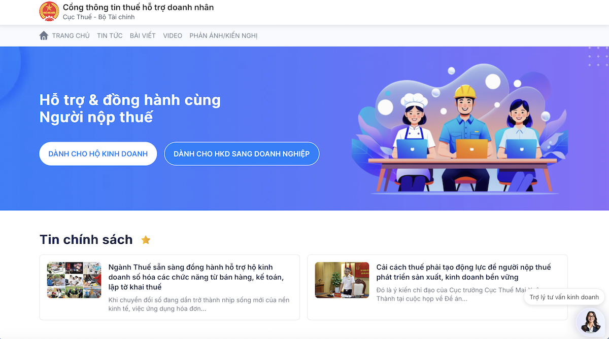 Giao diện Cổng thông tin thuế hỗ trợ doanh nhân được thiết kế tối giản, thân thiện với người nộp thuế.