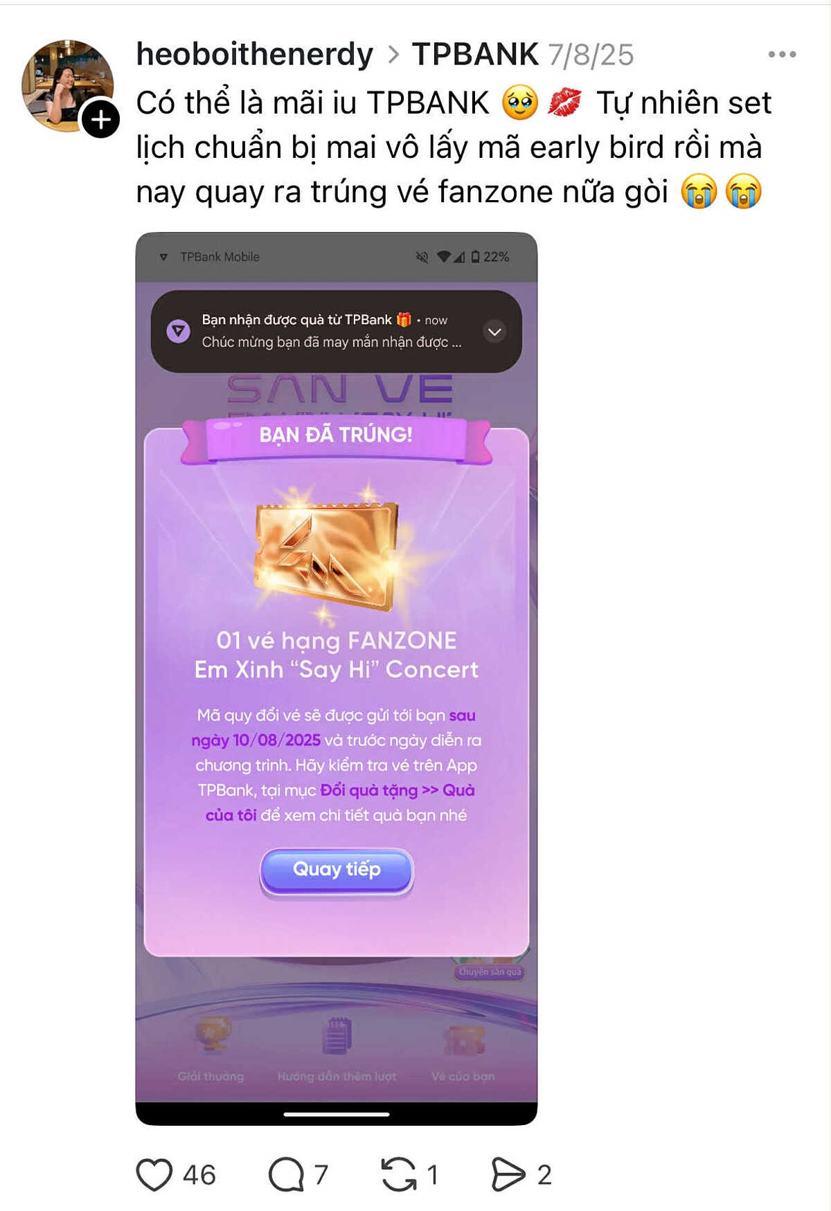 Chỉ với vài thao tác trên App TPBank, khách hàng đã có thể tham gia quay số và “ẵm” ngay cơ hội sở hữu tấm vé concert Em Xinh “Say Hi” miễn phí.
