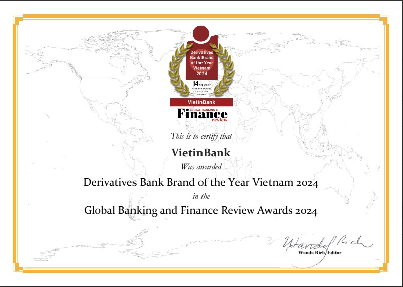 Global Banking & Finance Review vinh danh VietinBank hạng mục “Ngân hàng cung ứng sản phẩm phái sinh tốt nhất Việt Nam năm 2024”.