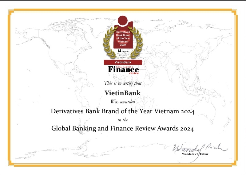 Global Banking & Finance Review vinh danh VietinBank hạng mục “Ngân hàng cung ứng sản phẩm phái sinh tốt nhất Việt Nam năm 2024”.
