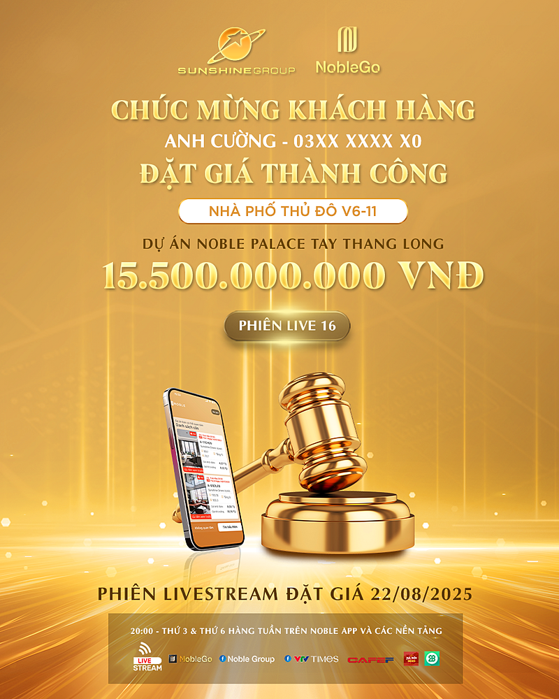 Khởi điểm từ 9,2 tỷ đồng &lpar;50% giá thị trường&rpar;, khách hàng V. Cường đã đặt giá thành công nhà phố với 15,5 tỷ đồng, tiết kiệm tới gần 3 tỷ đồng.