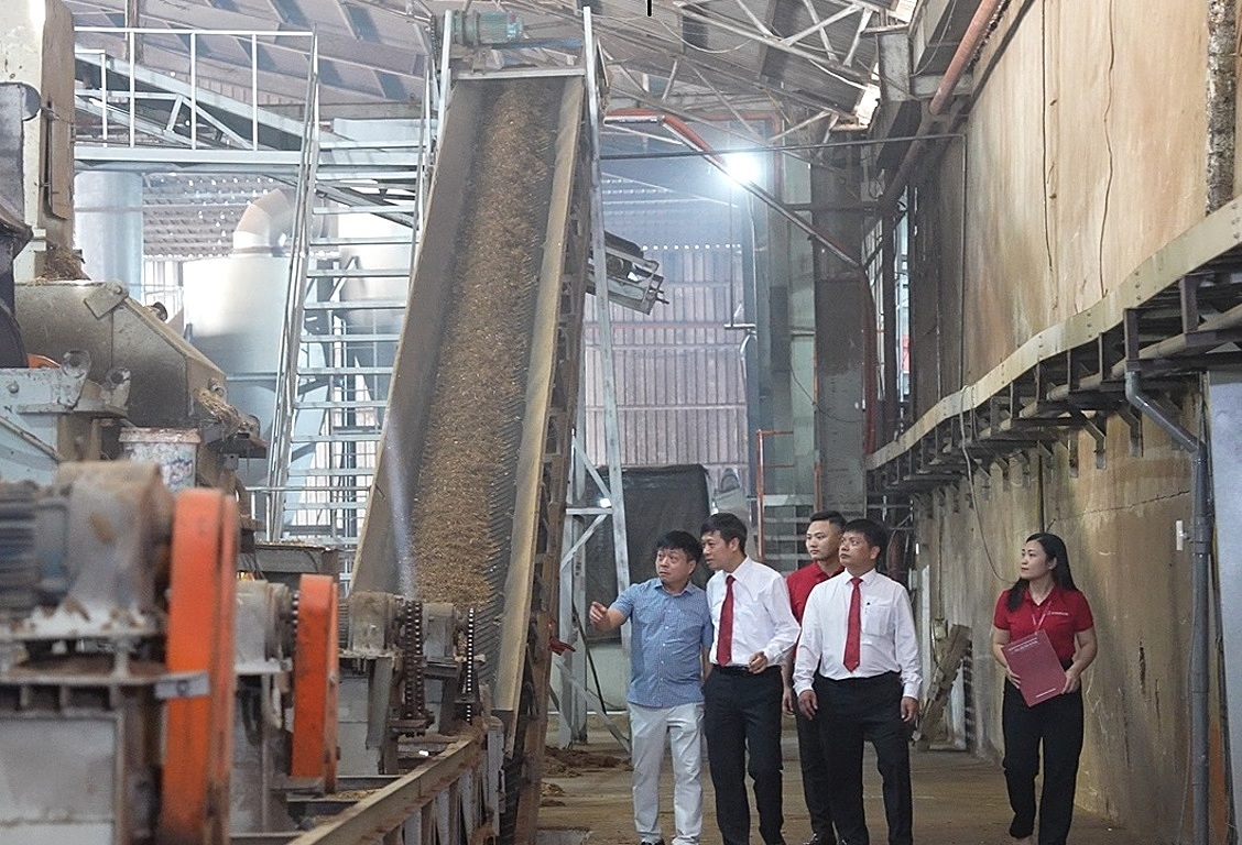 Ông Lang Văn In, Chủ tịch Hội đồng thành viên công ty TNHH Văn Lang Yufukuya đưa cán bộ Agribank thăm quan mô hình sản xuất của doanh nghiệp.