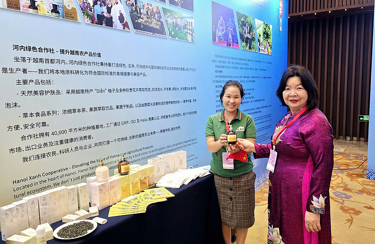 Chủ tịch LMHTXVN Cao Xuân Thu Vân khảo sát gian hàng dược liệu.