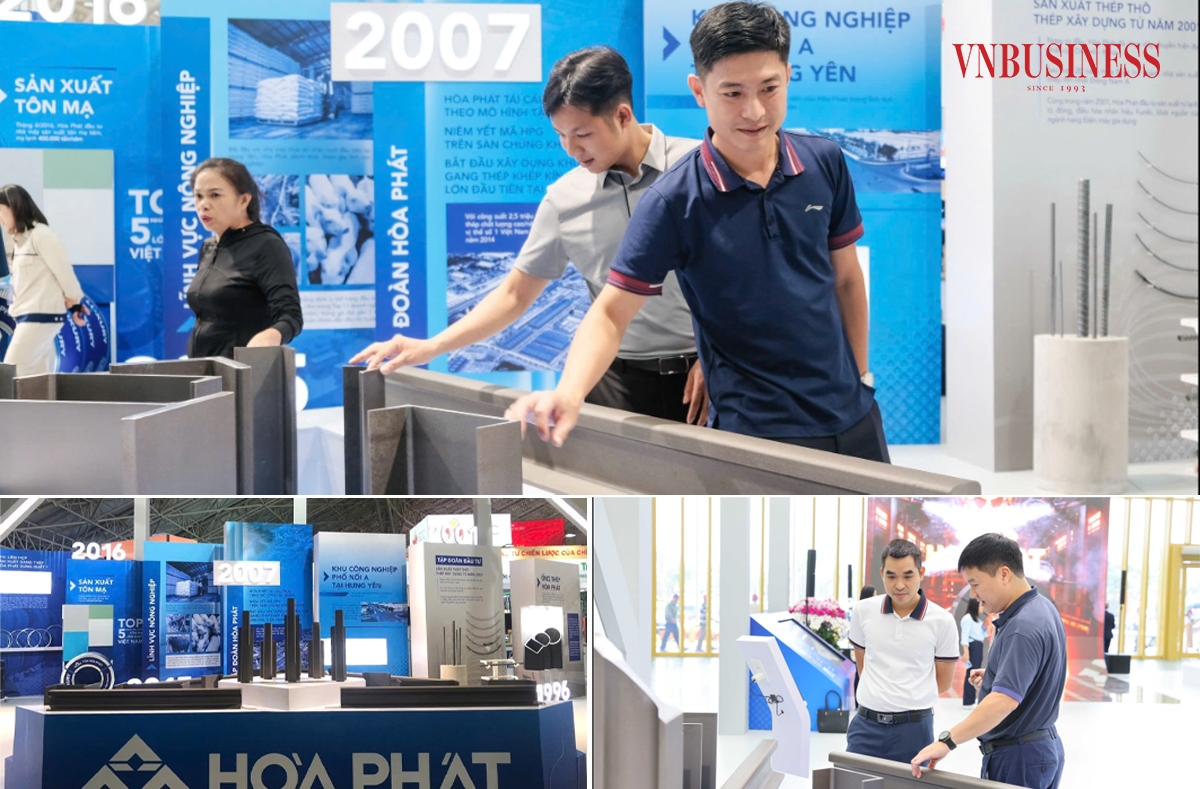 Tập đoàn Hòa Phát mang tới triển lãm nhiều sản phẩm đa dạng như thép cuộn cán nóng HRC, cáp thép dự ứng lực và các loại thép chất lượng cao, đặc biệt là thép ray, thép hình.