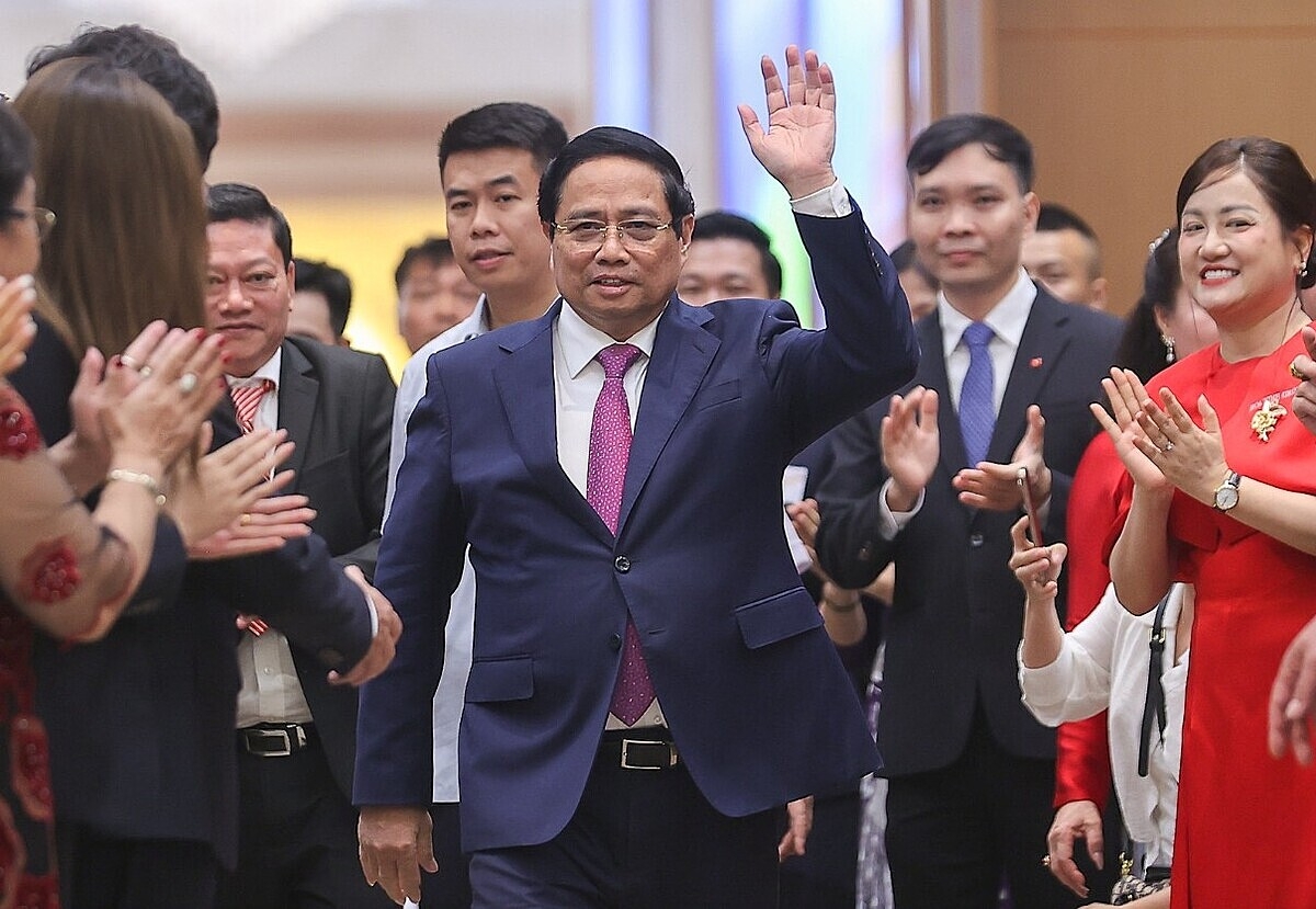 Thủ tướng Phạm Minh Chính tới dự gặp mặt cộng đồng doanh nghiệp - Ảnh: VGP