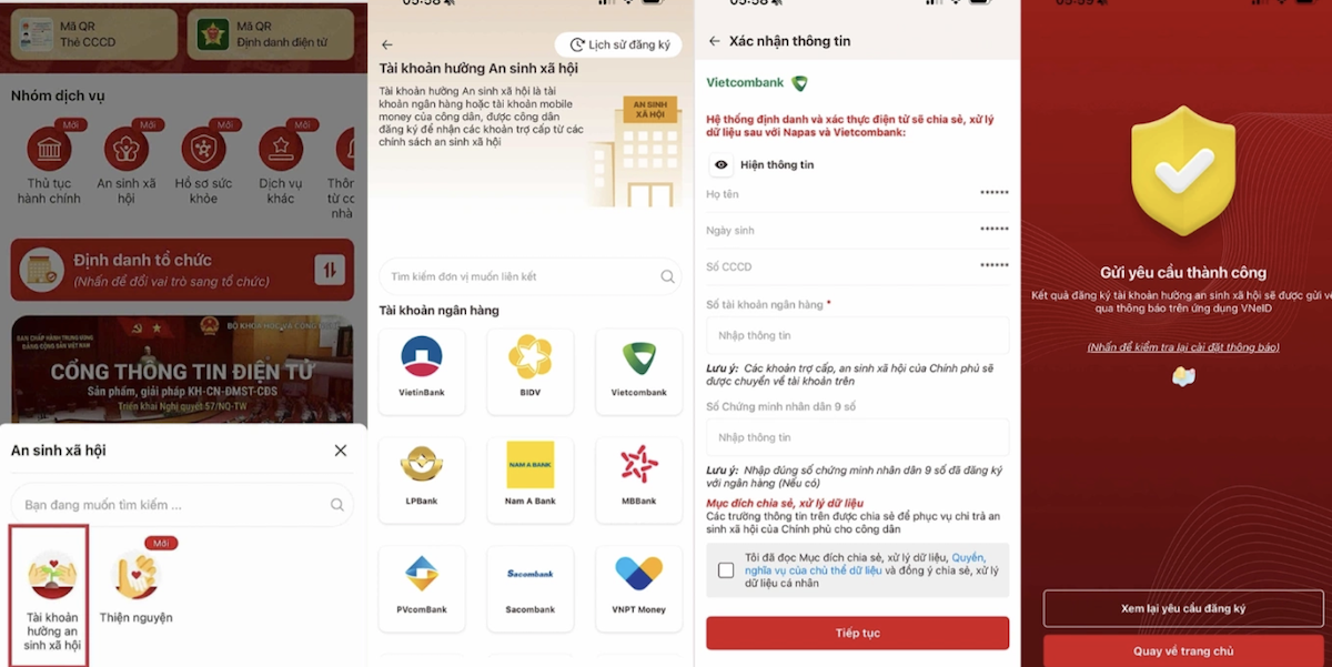 Các bước tích hợp tài khoản ngân hàng vào tài khoản An sinh xã hội trên VNeID.