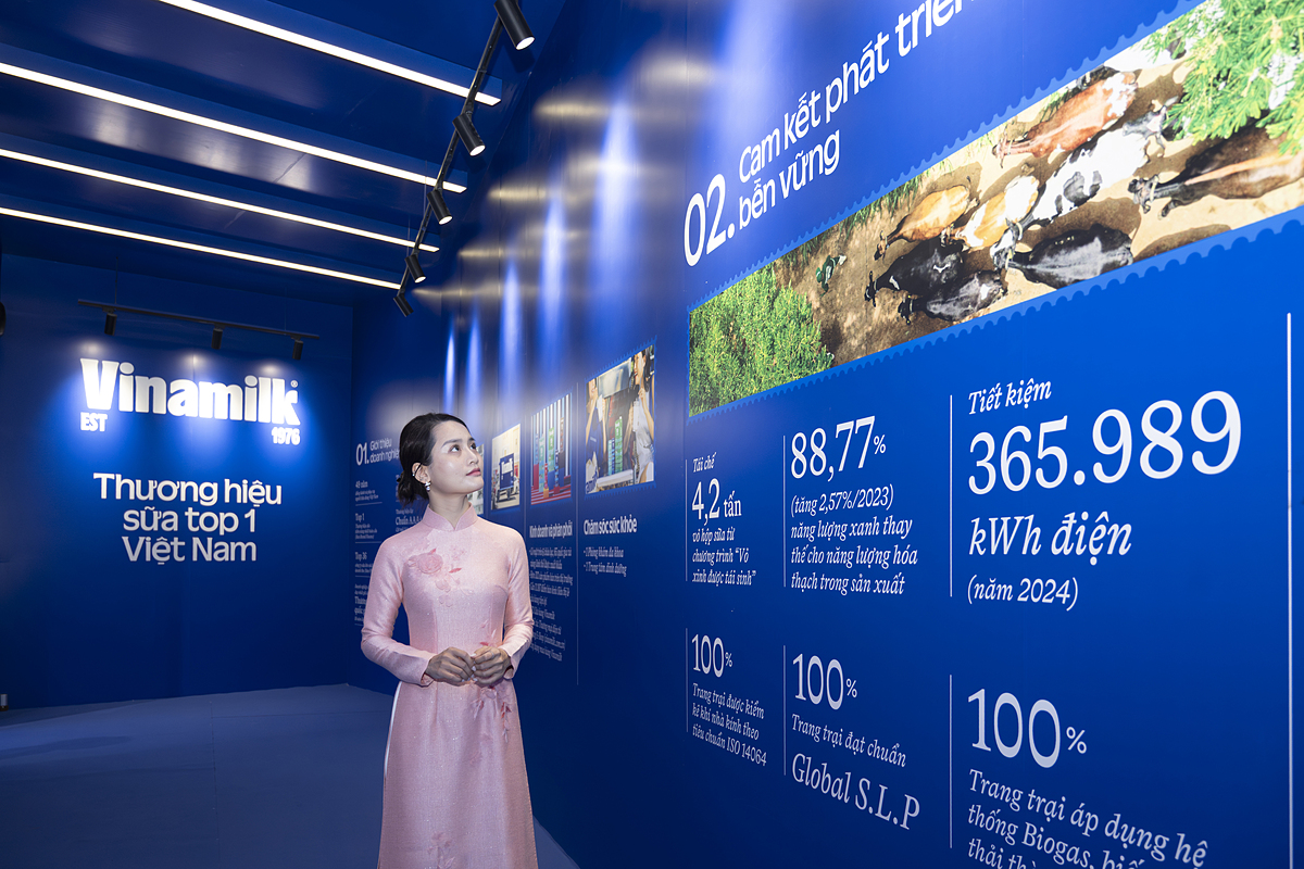 Không chỉ là nơi trưng bày sản phẩm, Vinamilk còn lồng ghép các thông tin về hành trình phát triển của doanh nghiệp – từ những ngày đầu thành lập đến vị thế là Thương hiệu Quốc gia hiện nay, đồng hành sự phát triển của đất nước. Khách tham quan tìm hiểu hành trình phát triển của thương hiệu sữa top 1 Việt Nam. &lpar;Ảnh: Vi Nam&rpar;