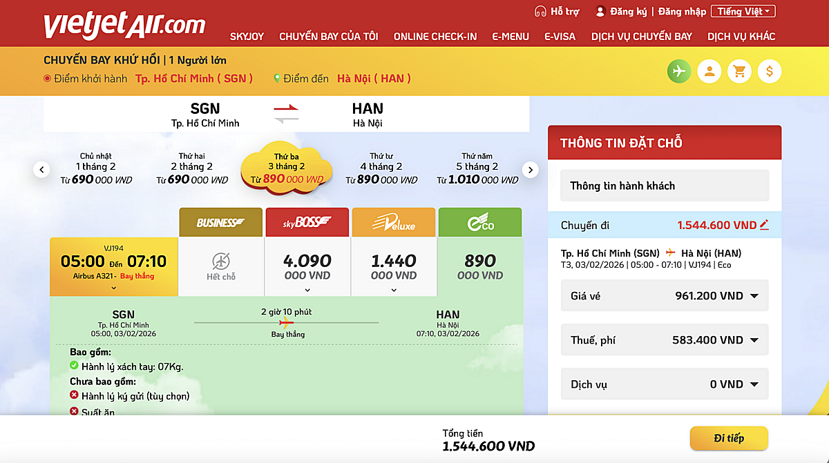 Giá vé chặng từ TP.HCM - Hà Nội ngày 3/2/2026 ở mức từ 1,55 triệu đồng/vé.