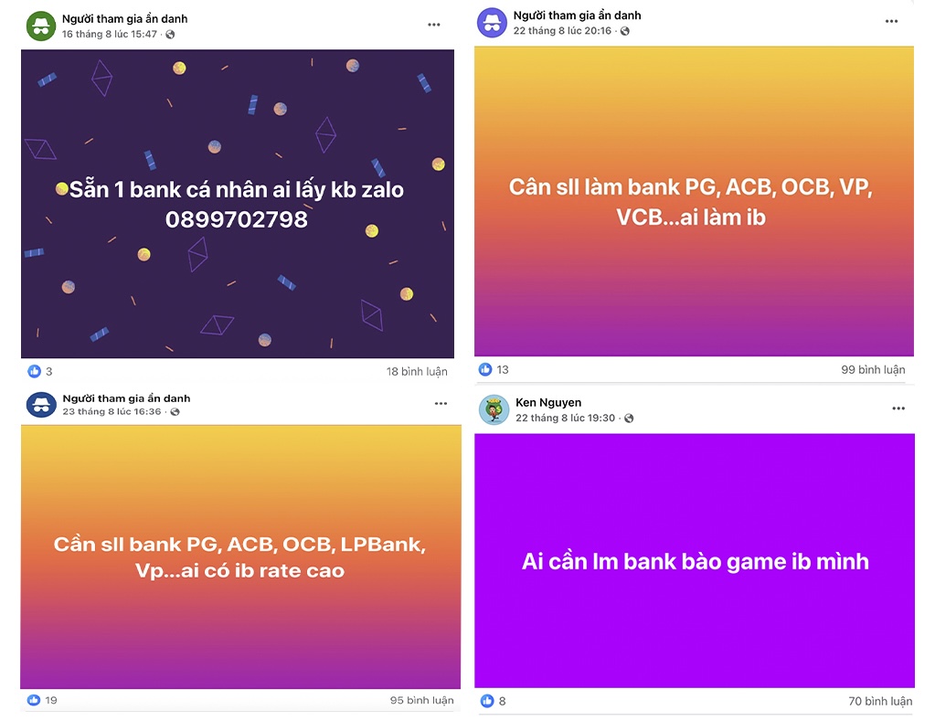 Các giao dịch thuê, mua bán tài khoản ngân hàng công khai trên mạng xã hội.