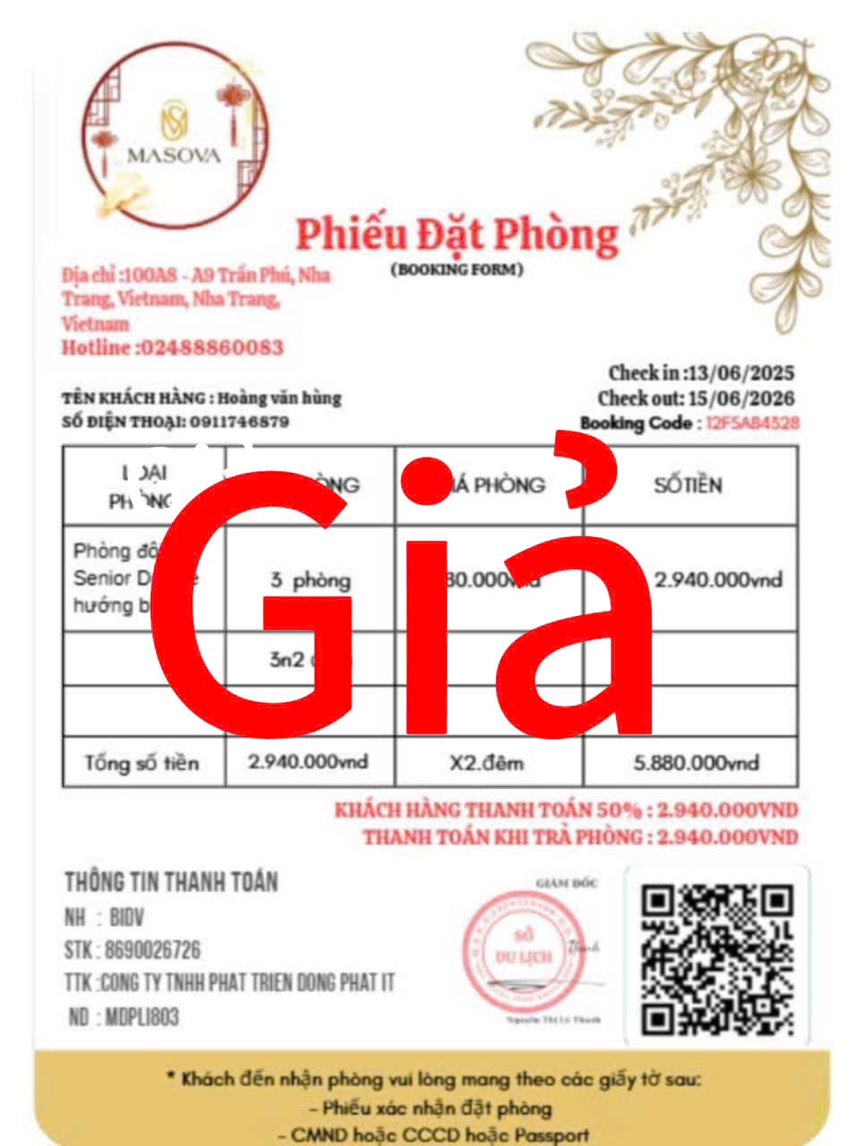 Kẻ xấu tạo Voucher giả mạo tên khách sạn có dấu của Sở Du lịch để lừa đảo.