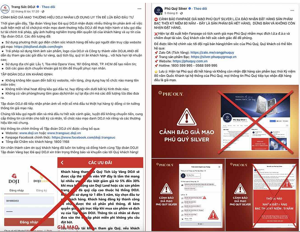 Các thương hiệu kinh doanh vàng bạc đá quý cảnh báo khách hàng trước những chiêu trò lừa đảo trên không gian mạng.