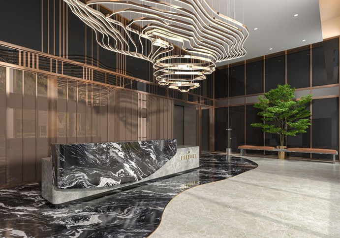 Sảnh lễ tân Clubhouse The Fullhaus mang đến không gian sang trọng với điểm nhấn từ chất liệu đá vân mây, sự sắp đặt ánh sáng khéo léo cùng phong cách thiết kế chủ đạo “xếp tầng” hiện đại.