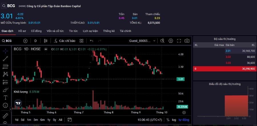 Cổ phiếu BCG dư bán sàn hơn 30,1 triệu đơn vị trong phiên 2/10.