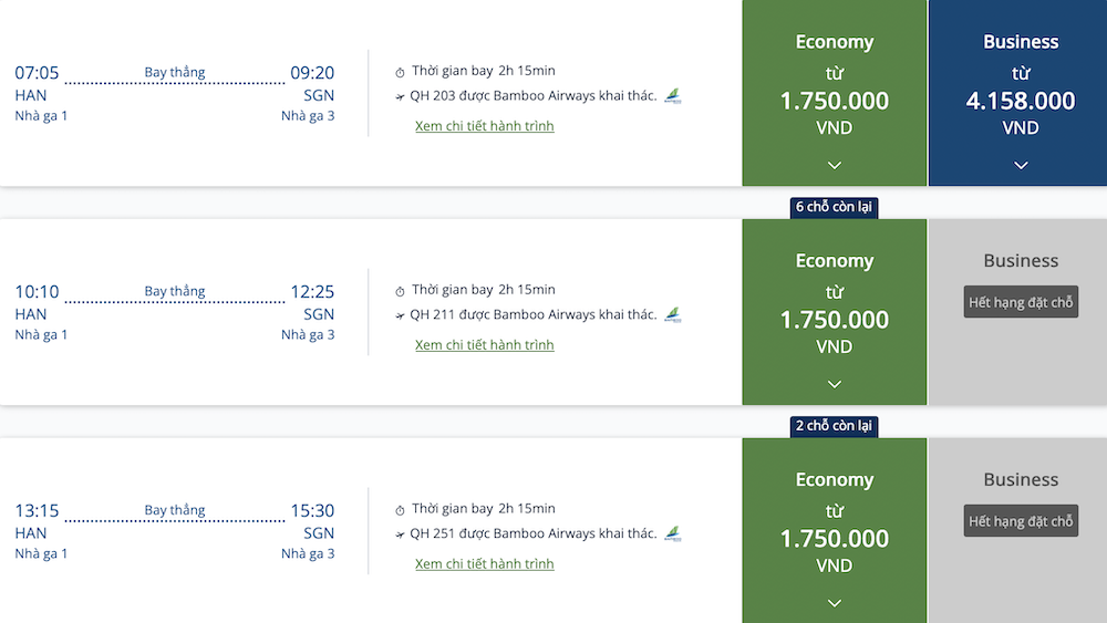 Cùng hành trình và ngày bay, giá vé chặng Hà Nội - TP.HCM của Bamboo Airways cao hơn so với Sun PhuQuoc Airways.