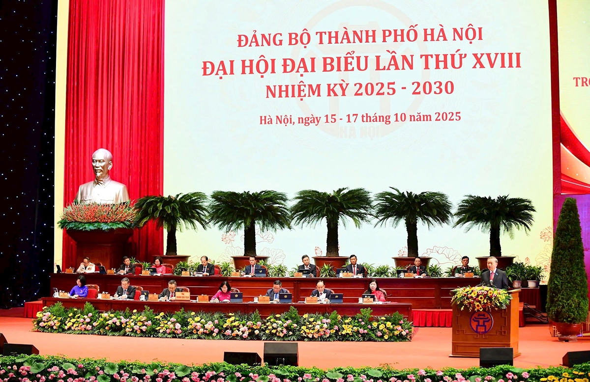 Tổng Bí thư Tô Lâm phát biểu chỉ đạo tại Đại hội đại biểu Đảng bộ thành phố Hà Nội lần thứ XVIII.