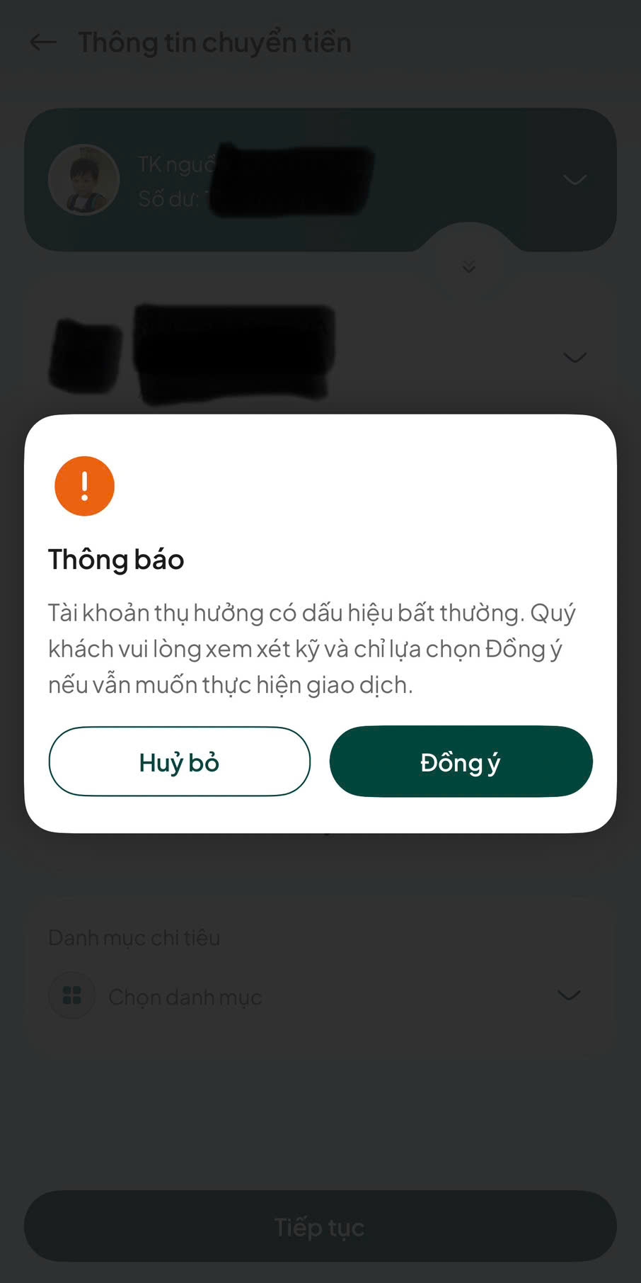 BIDV gửi cảnh báo cho khách hàng khi chuyển tiền vào tài khoản đáng ngờ.