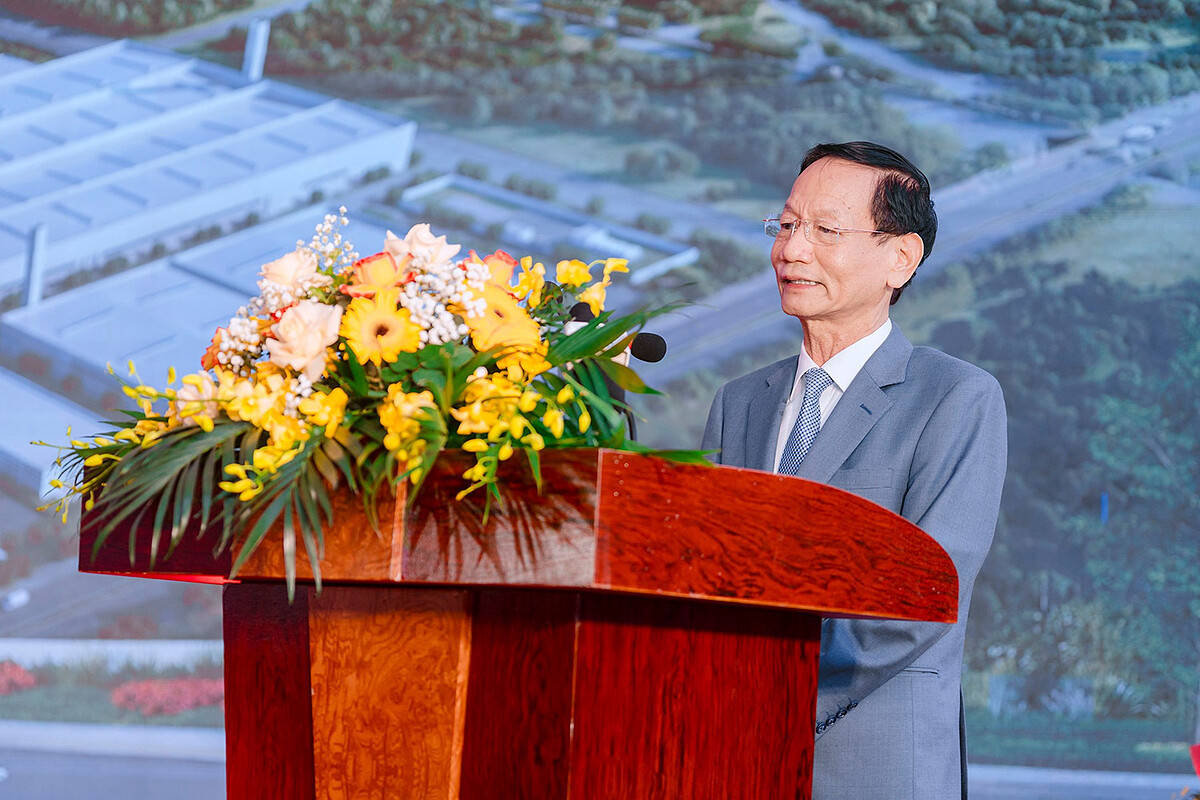 Ông Vũ Văn Tiền, Chủ tịch HĐQT - Tổng giám đốc Tập đoàn Geleximco phát biểu tại Lễ khởi công.
