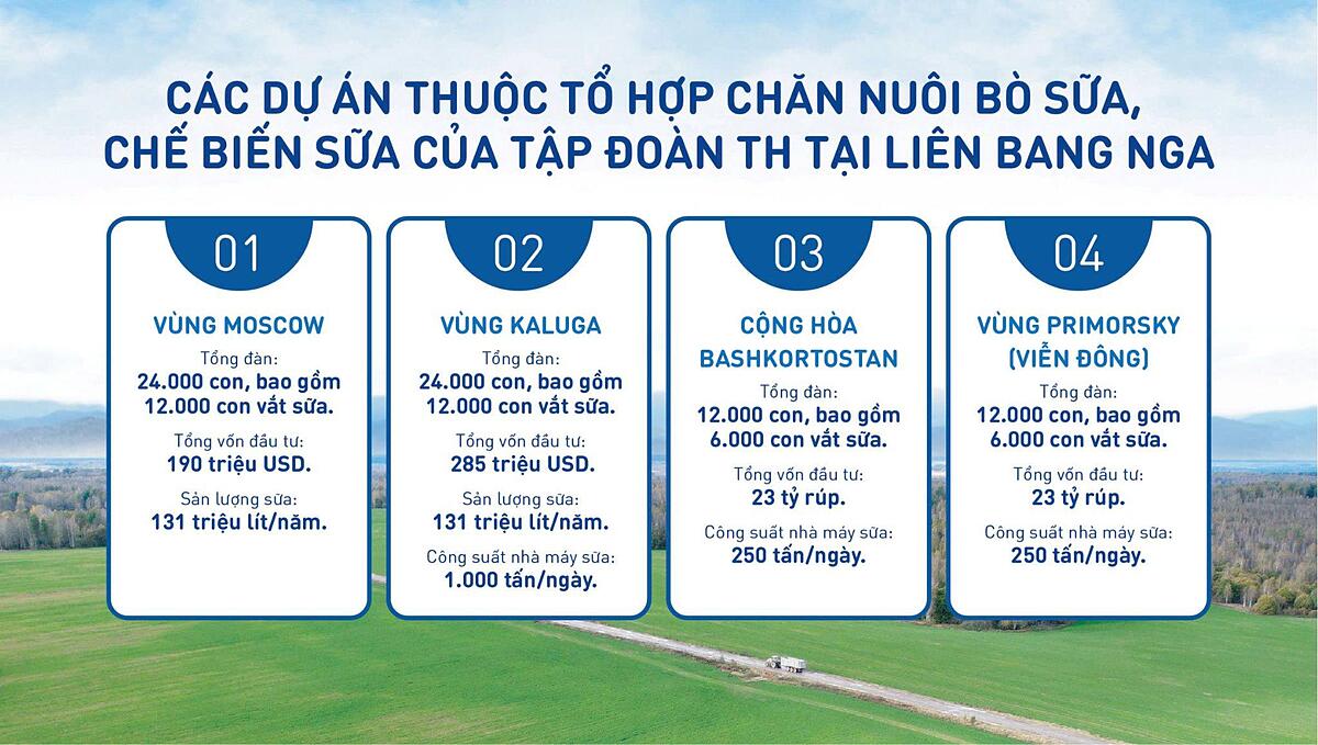 Các dự án thuộc tổ hợp chăn nuôi bò sữa, chế biến sữa của Tâọ đoàn TH tại Liên bang Nga.