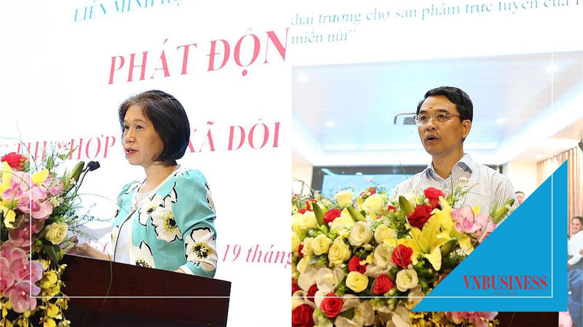 Phó Chủ tịch Liên minh HTX Việt Nam Nguyễn Thị Hoài Linh và Phó Chủ tịch Liên minh HTX Việt Nam Đinh Hồng Thái phát biểu tại Hội nghị.