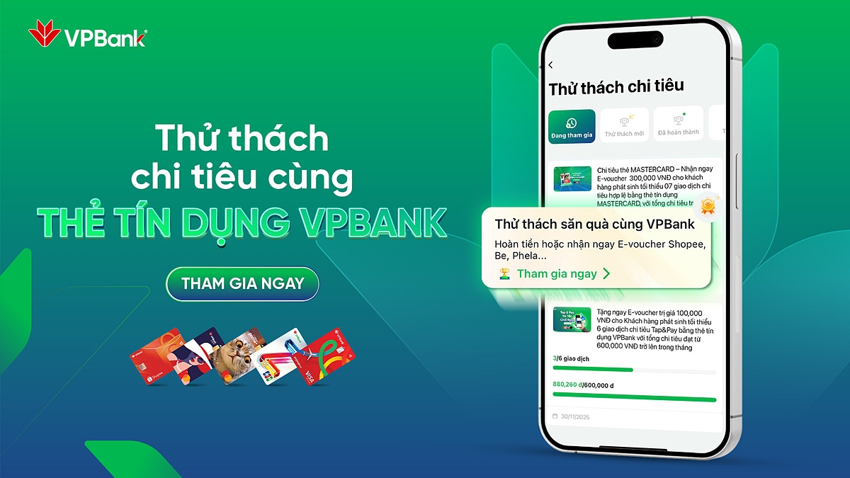 VPBank triển khai chương trình thử thách chi tiêu độc quyền dành cho tất cả chủ thẻ tín dụng VPBank, kéo dài đến 28/2/2026.