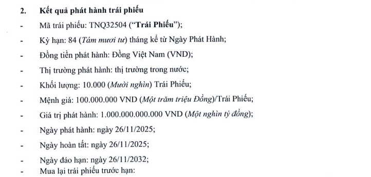 Thông tin lô trái phiếu vừa được TNI Nam Quang phát hành.